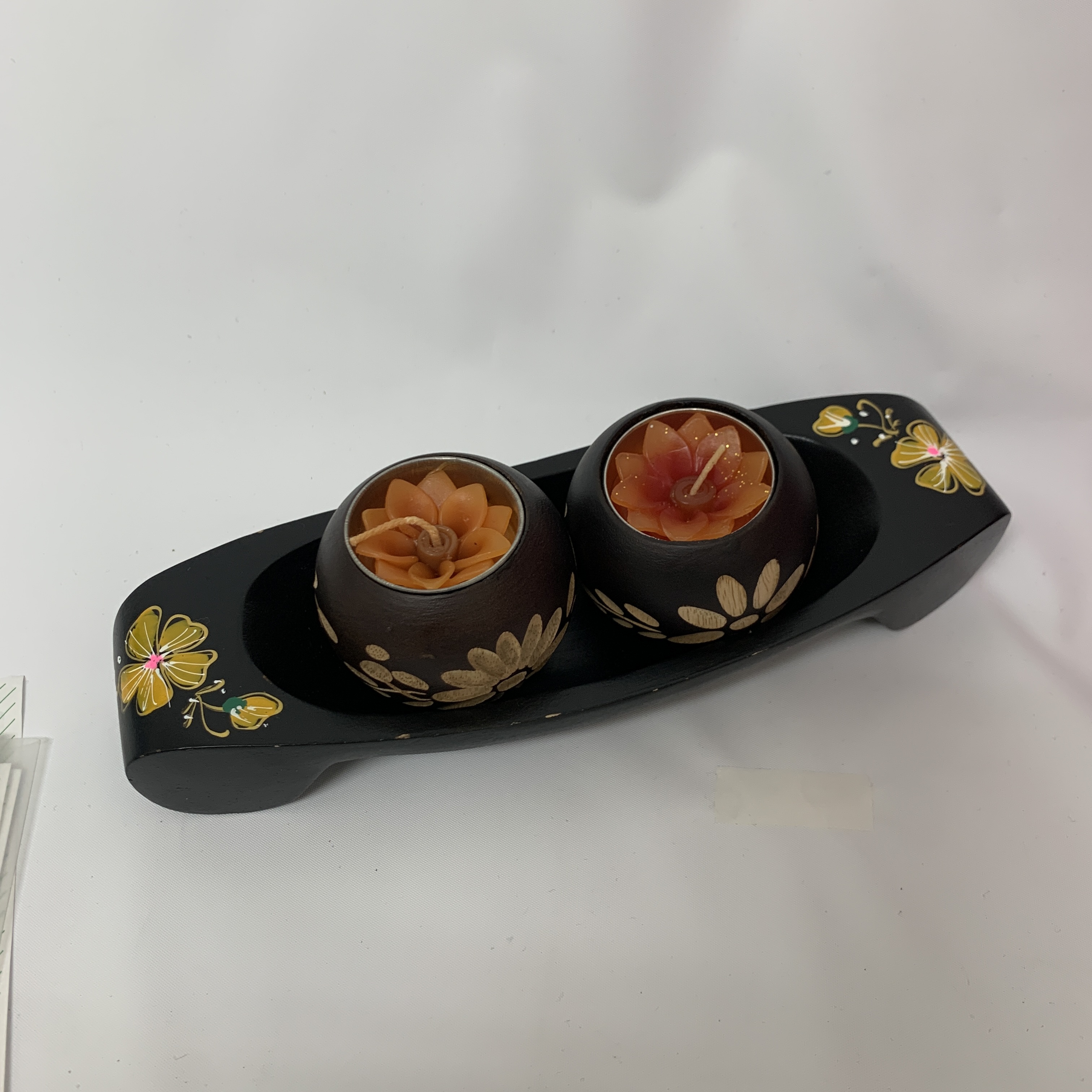 木製キャンドルホルダー キャンドル2個付き（イエローフラワー）