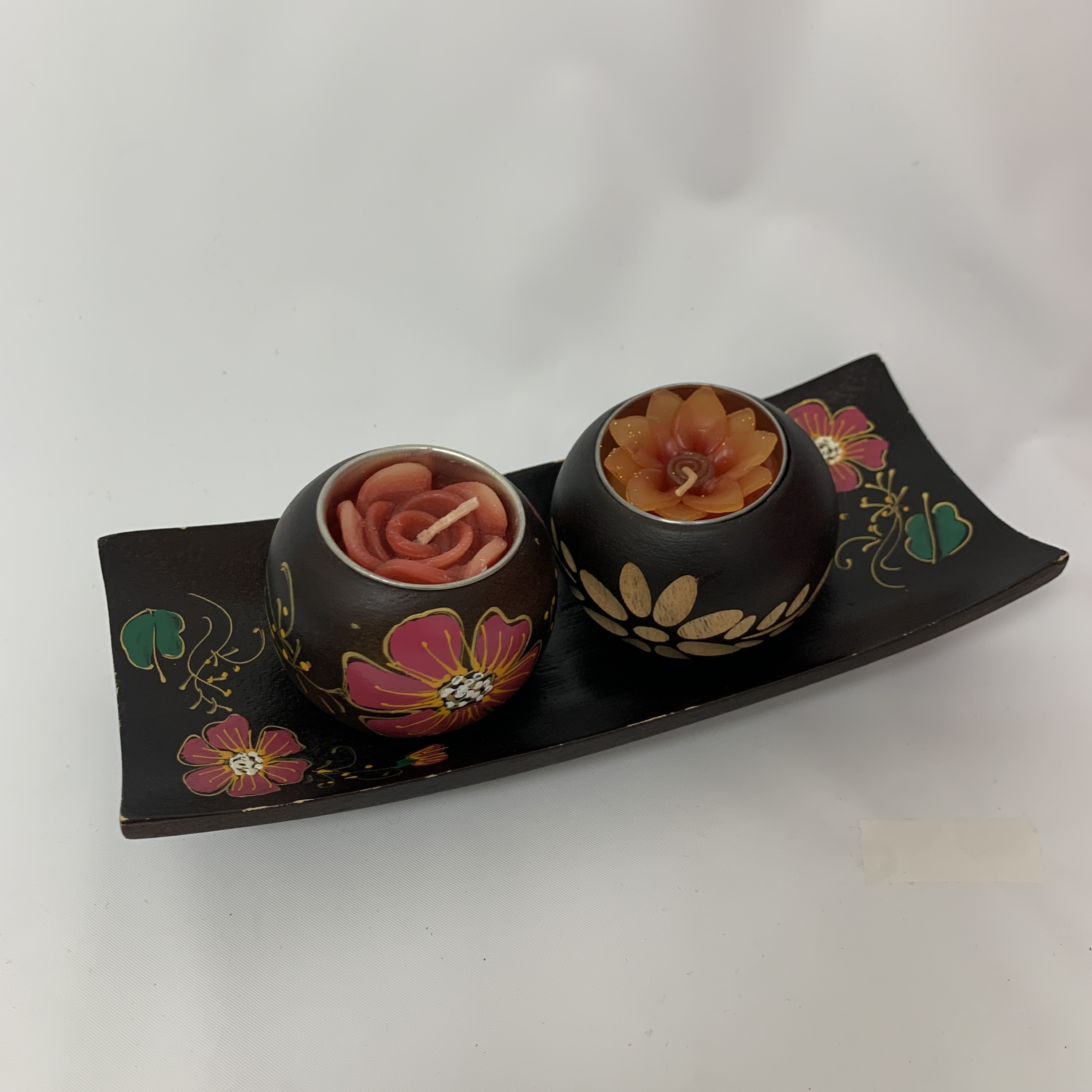 木製キャンドルホルダー キャンドル2個付き（ピンクフラワー）