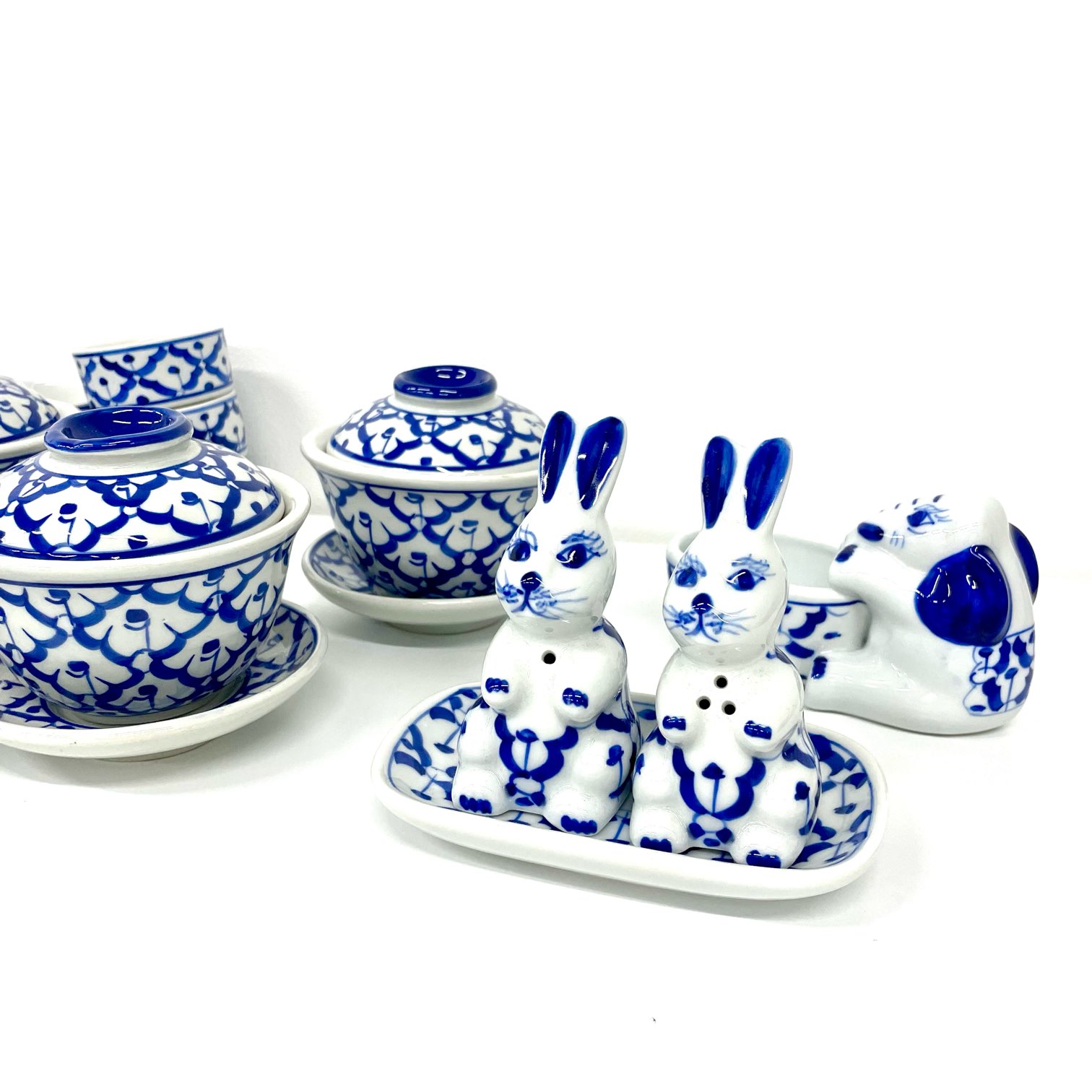 【ブルー＆ホワイト】入れ物 フタ付 (直径 約15cm)　6インチ